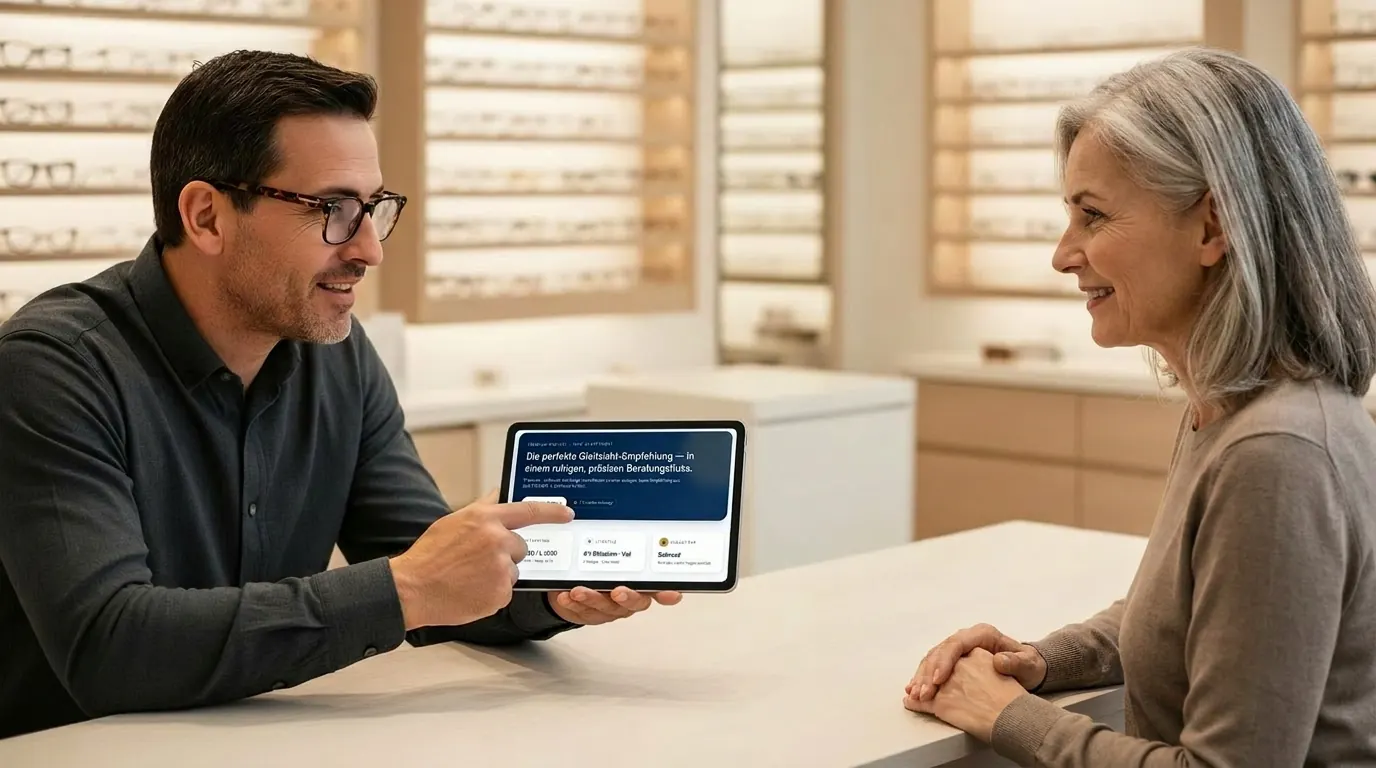 Optikerin berät Kundin mit der STEINER Insight Engine Web-App